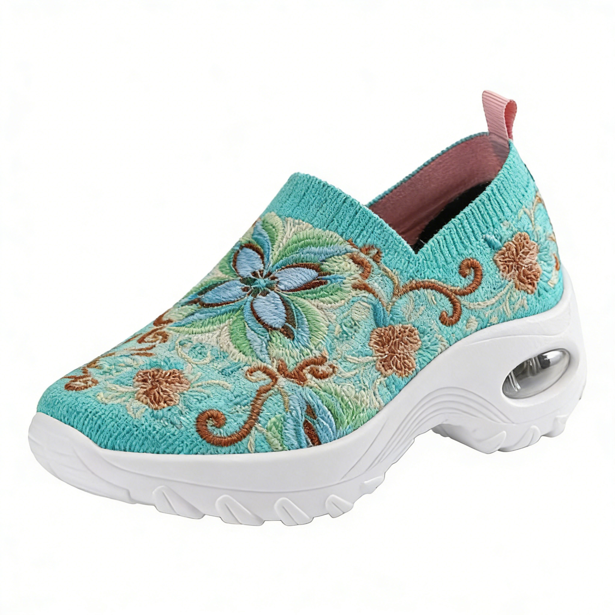 Turquoise Floral Scroll Embroidered Orthopedic Arch Support Shoes 