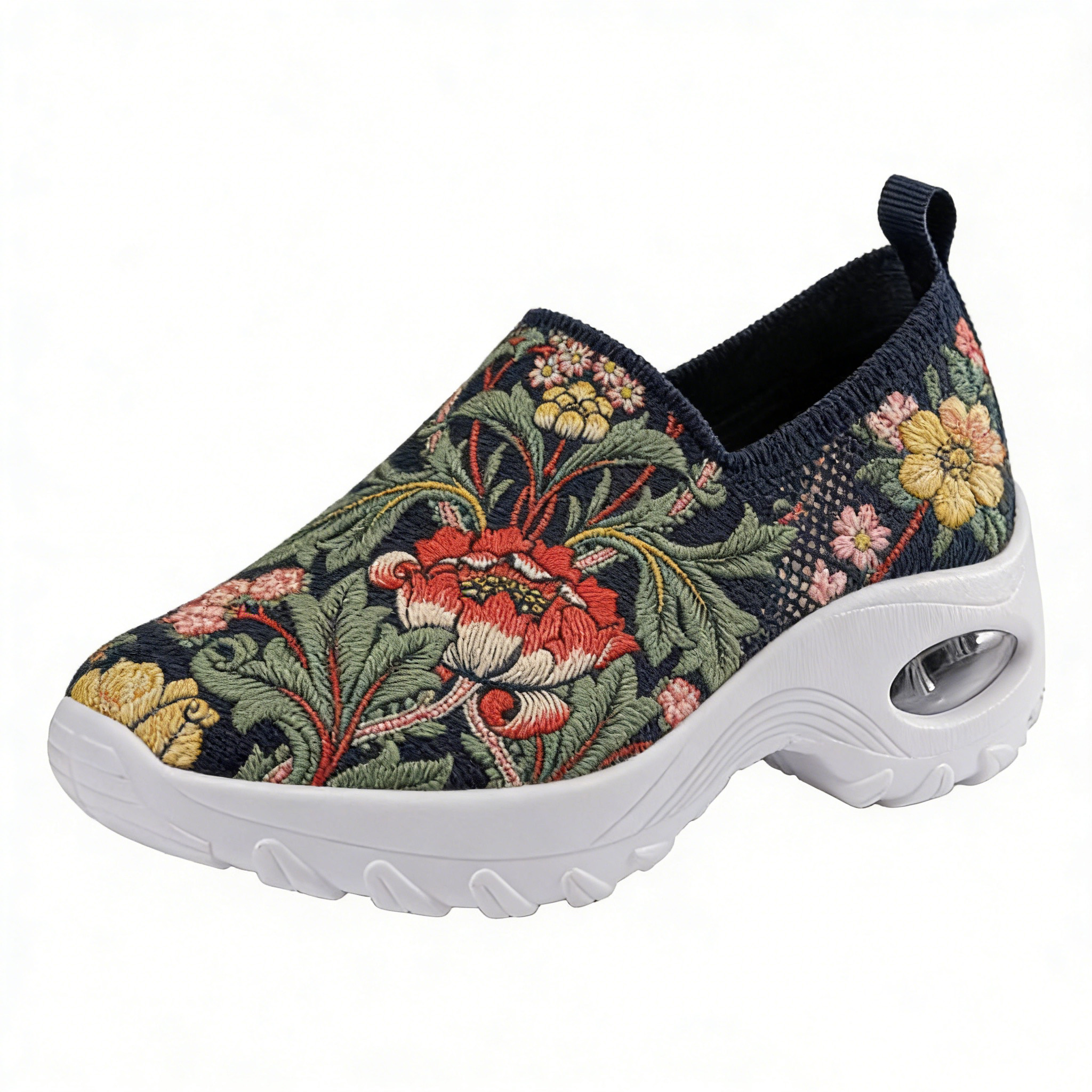 William Morris Style Floral on Black Embroidered Orthopedic Arch Support Shoes 