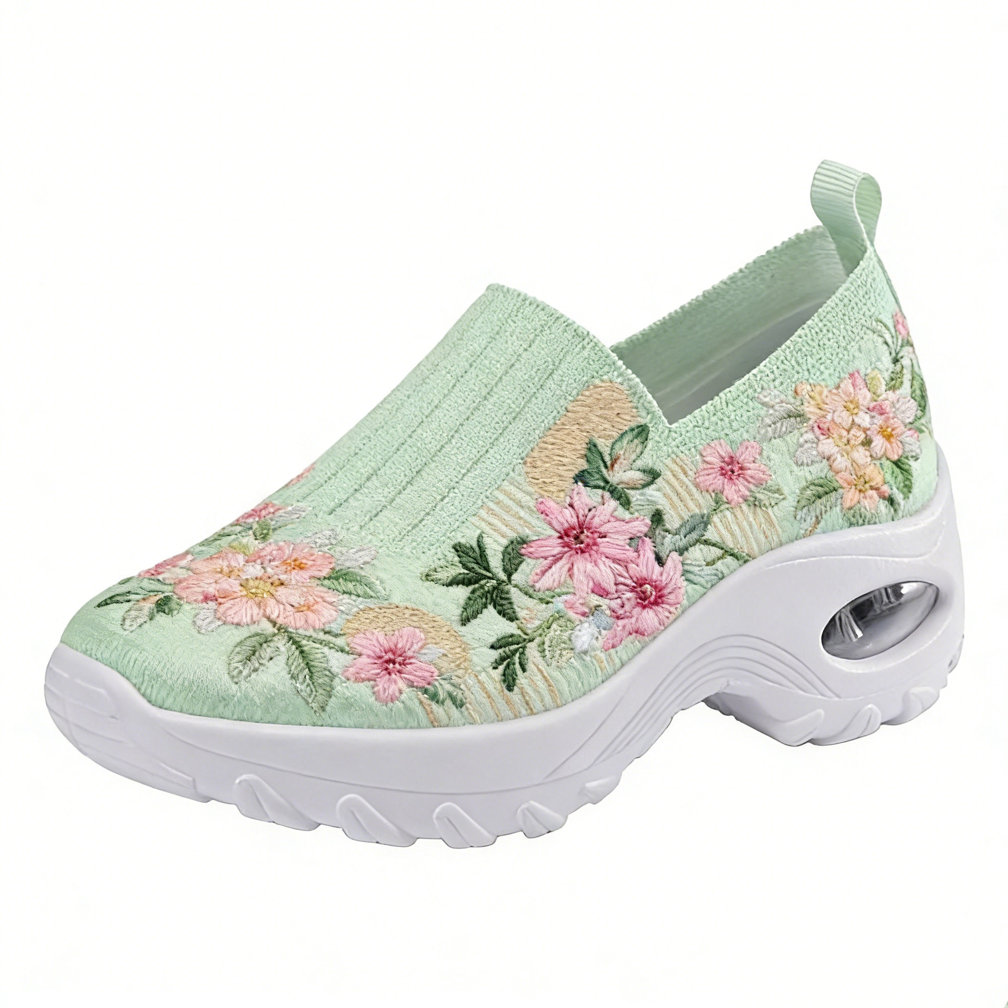 Pink Cherry Blossom on Mint Embroidered Orthopedic Arch Support Shoes 