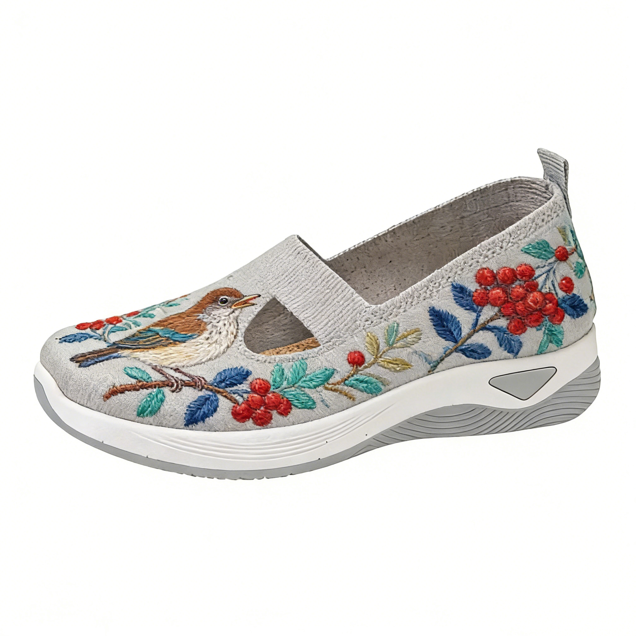 Nuthatch & Red Berry Branch on Grey Cut-Out Orthopedic Arch Support Shoes