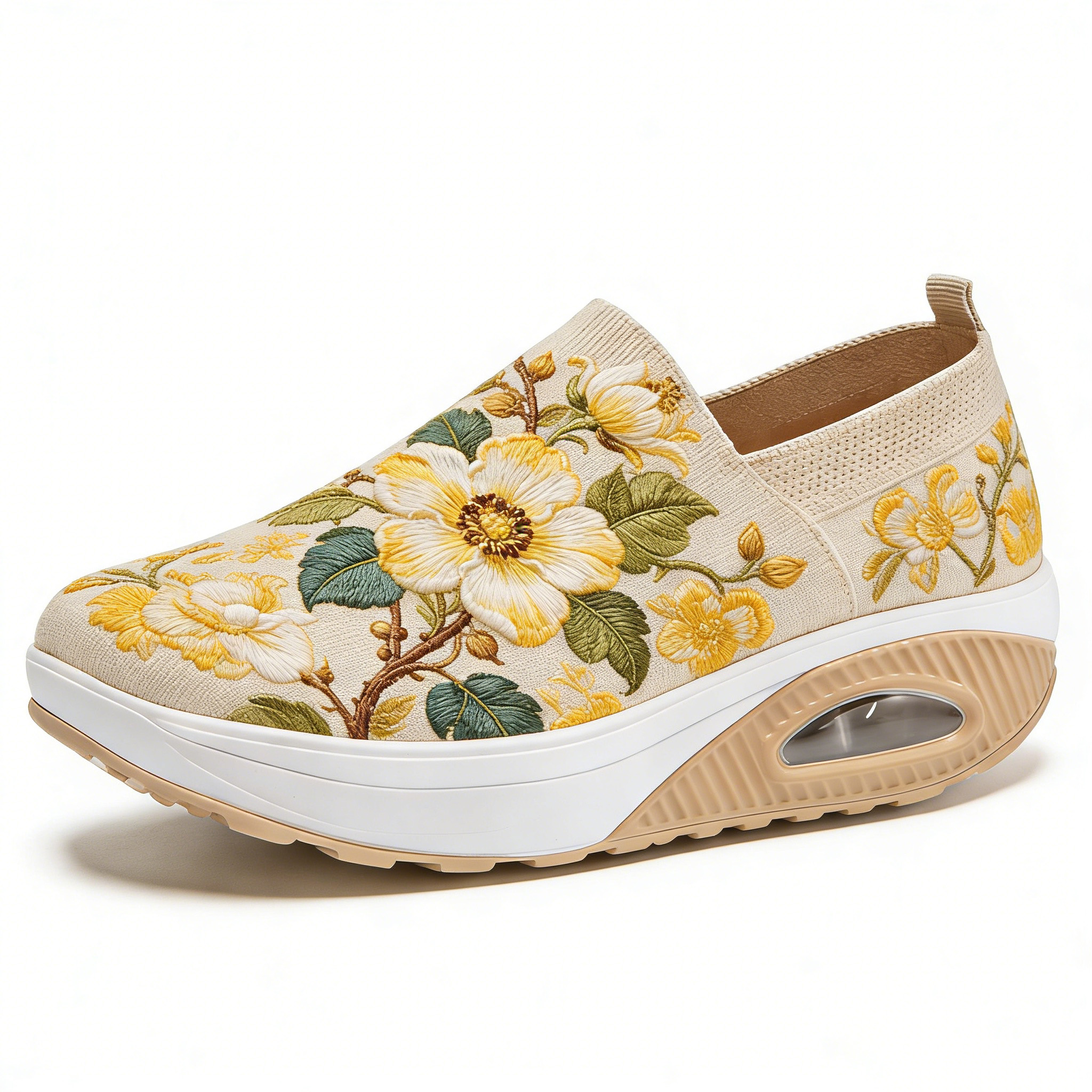 Golden Camellia Bloom Embroidered Thick-Soled Orthopedic Shoes 