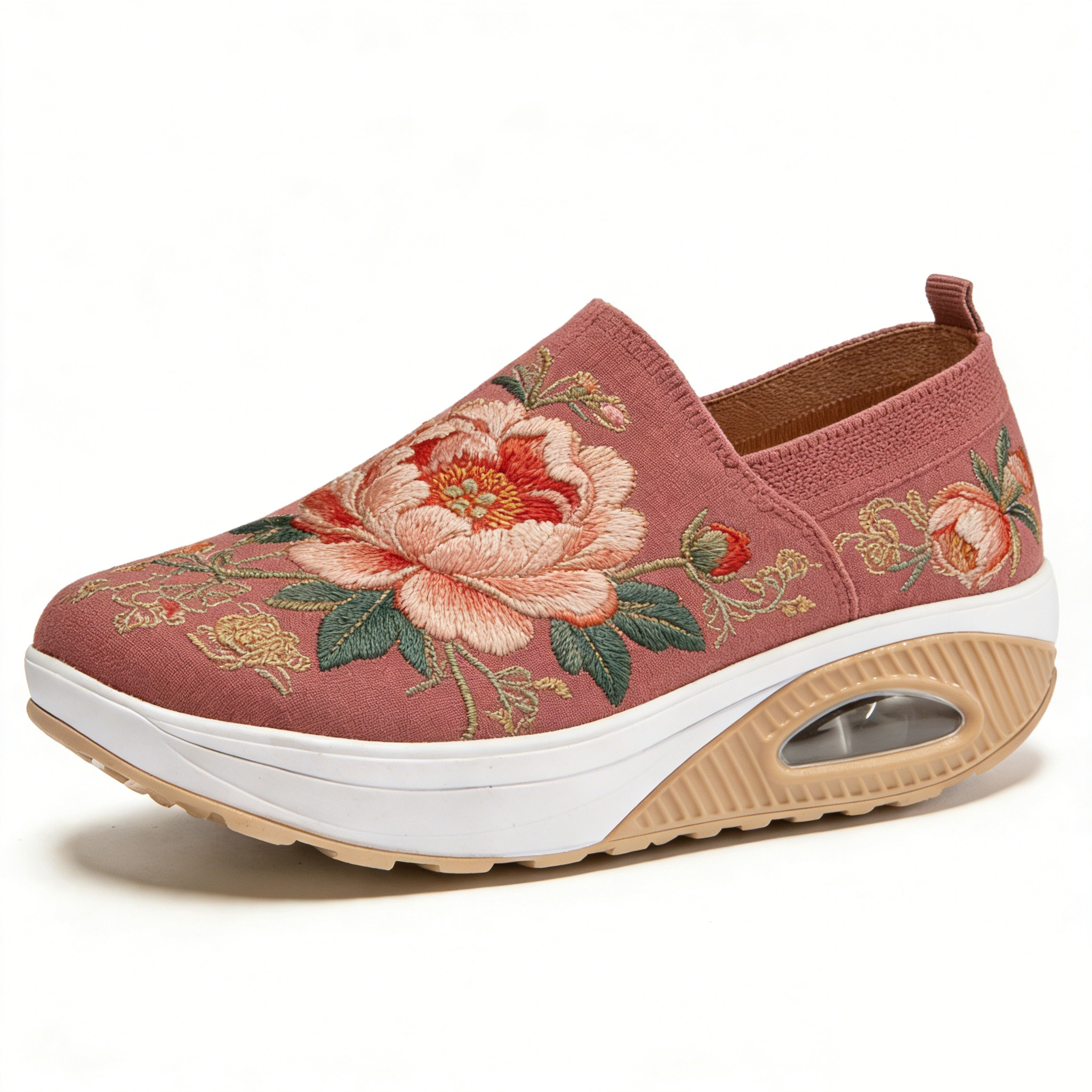 Peony Red Elegance Embroidered Thick-Soled Orthopedic Shoes 