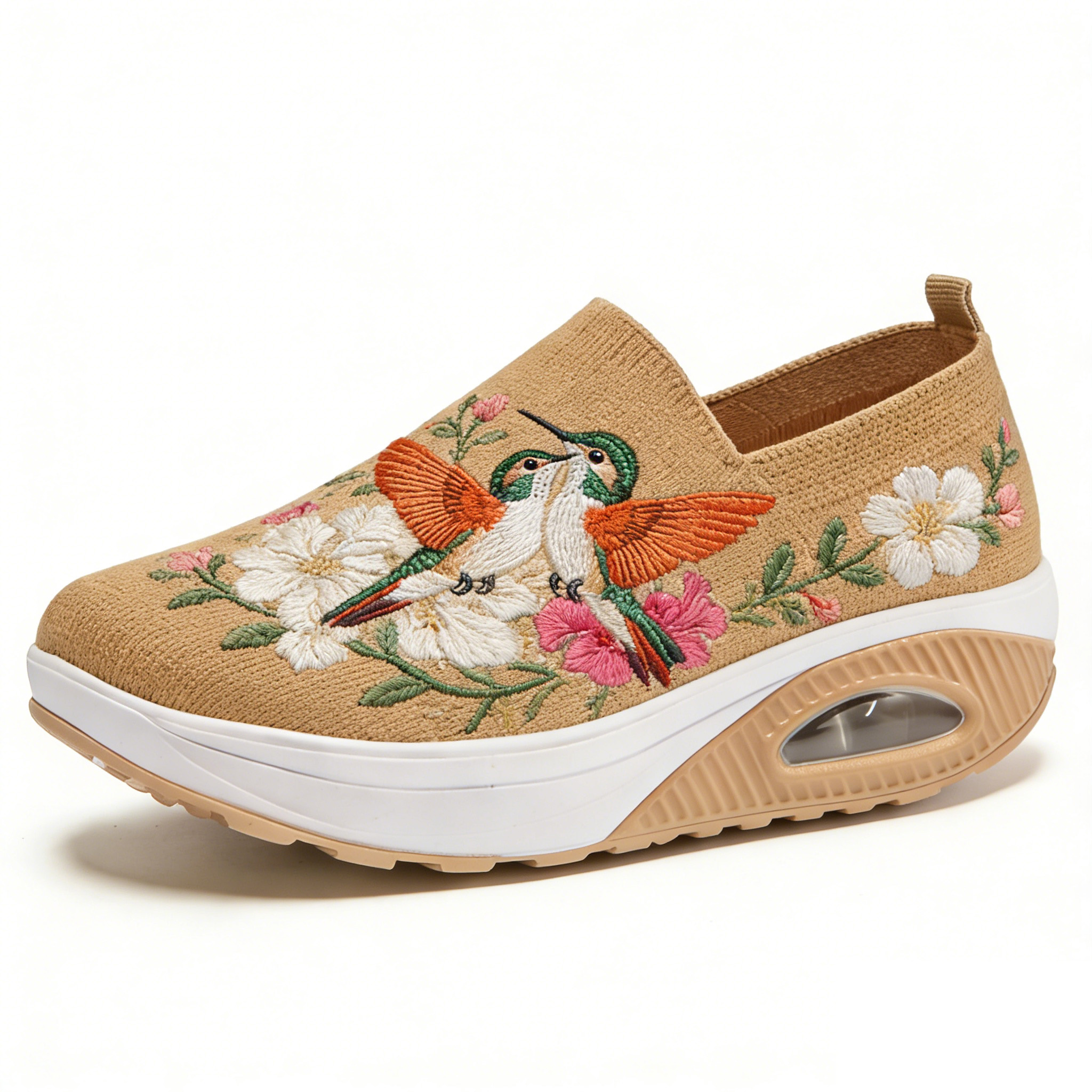 Hummingbird Love Duet (Khaki) Embroidered Thick-Soled Orthopedic Shoes