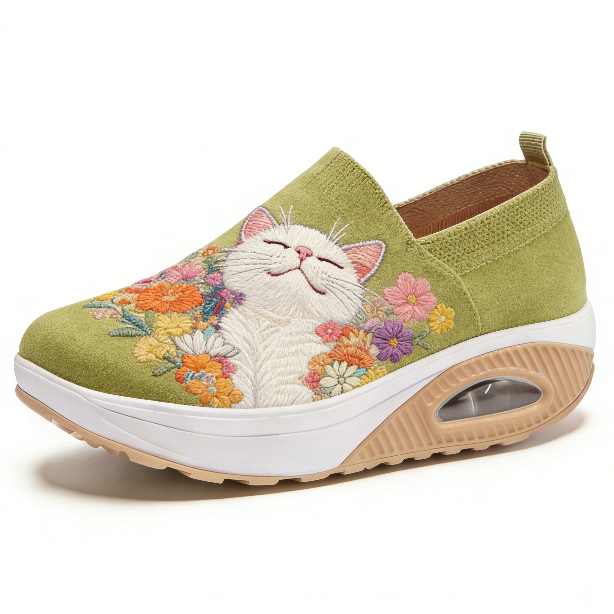 Sleepy Cat & Floral Bliss Embroidered Thick-Soled Orthopedic Shoes 