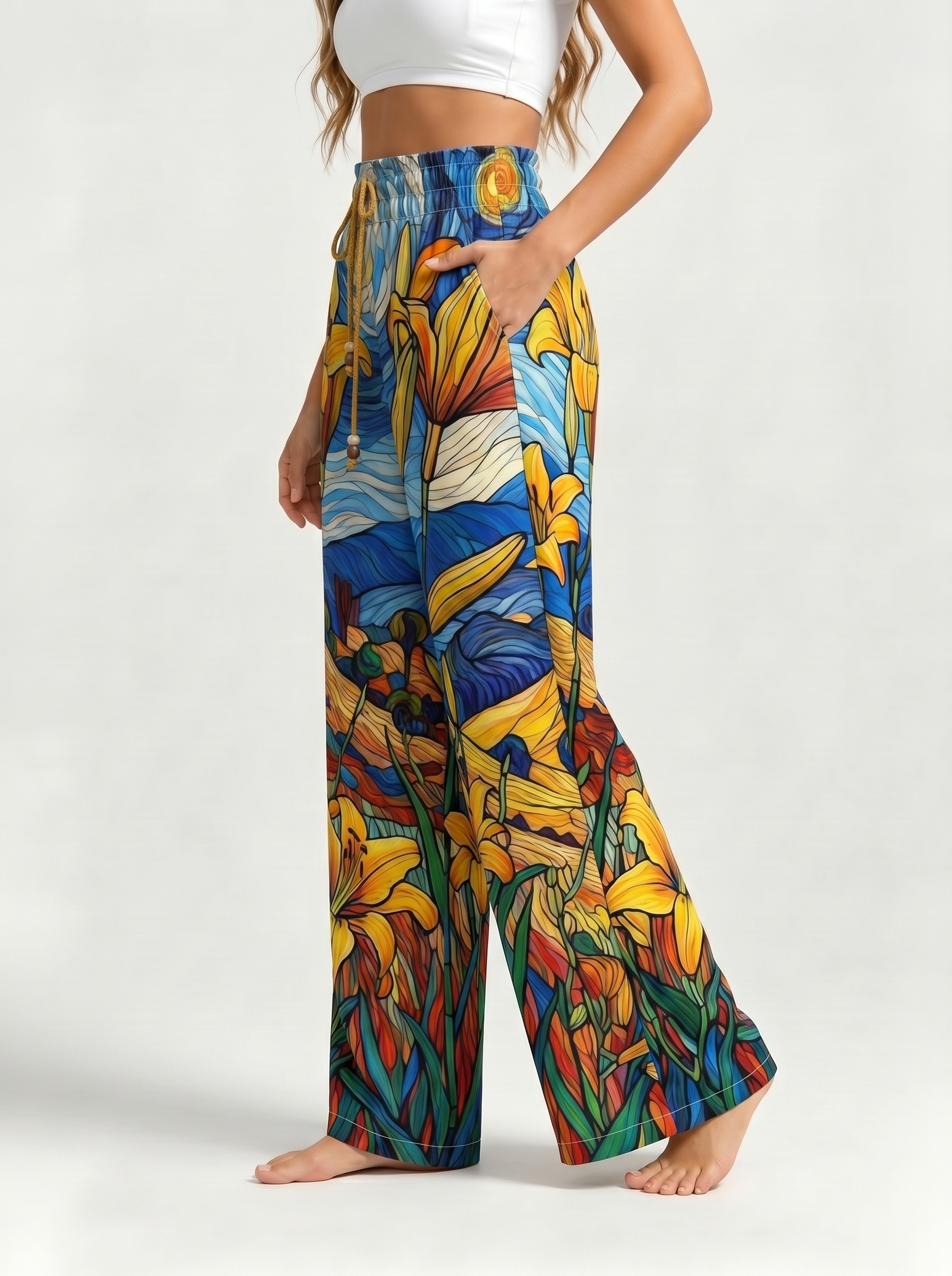 Van Gogh Style Stained Glass Lily Art Drawstring Wide Leg Trousers