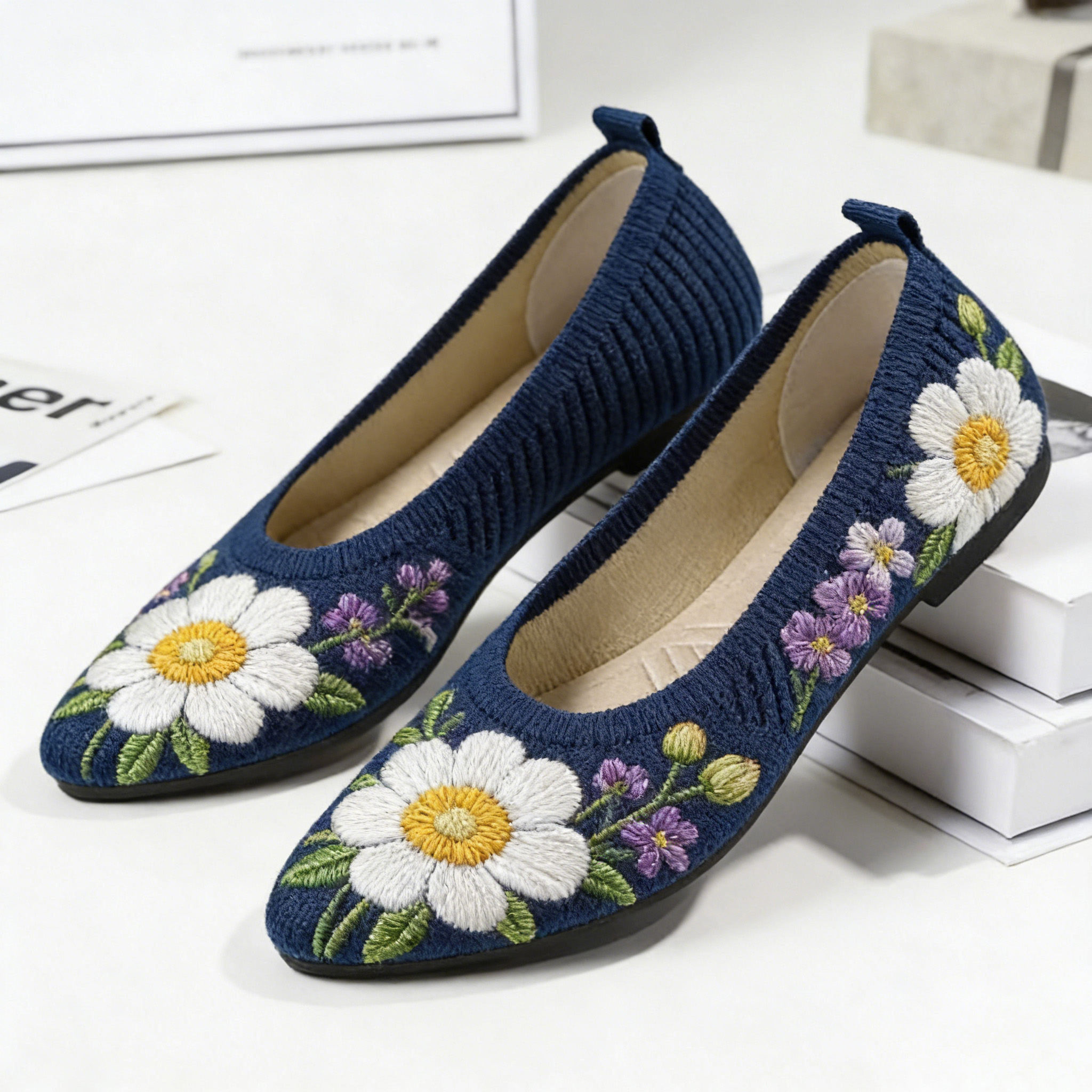Daisy & Lavender Bloom on Navy Pointed-Toe Orthopedic Support Shoes