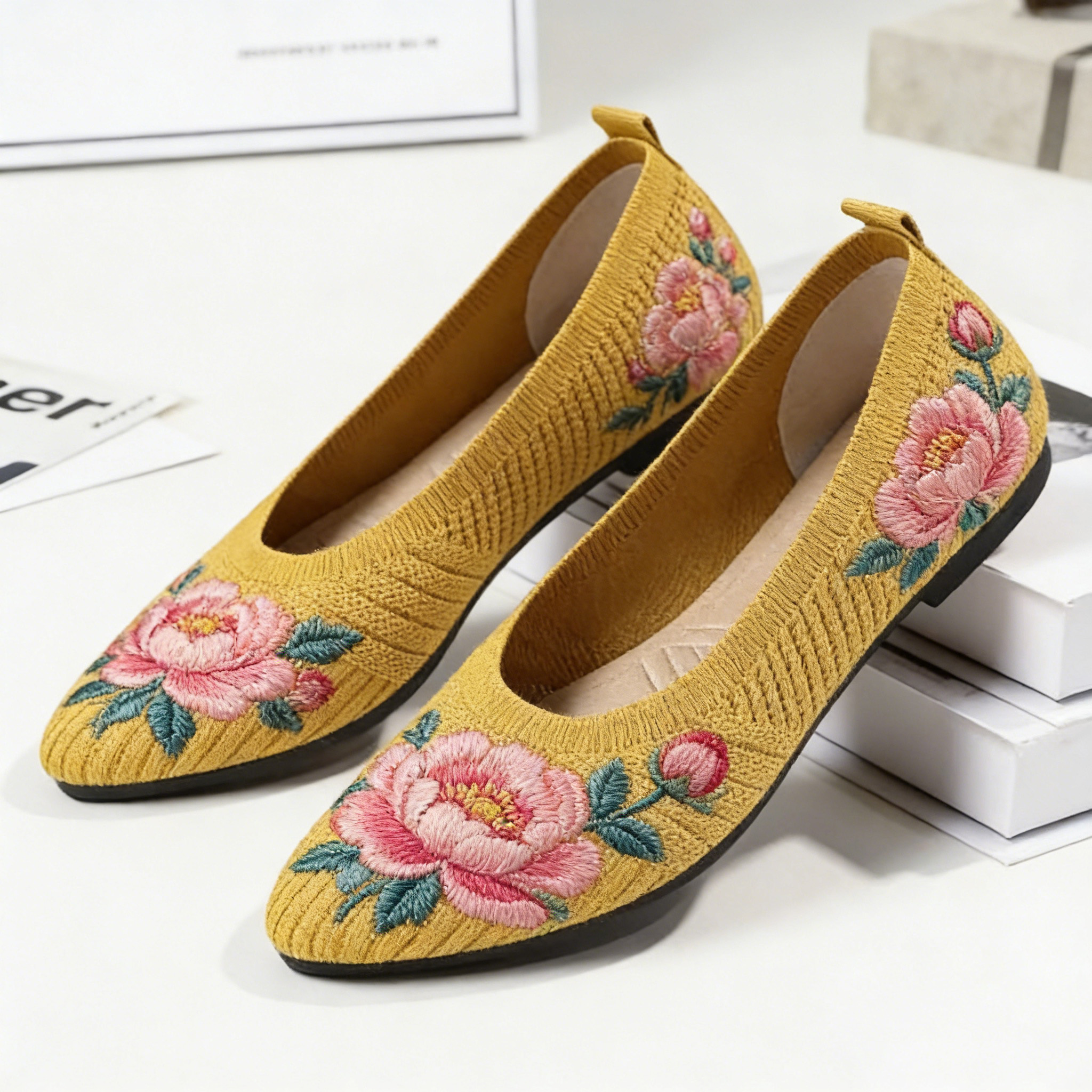 Blush Peony on Mustard Yellow Pointed-Toe Orthopedic Support Shoes