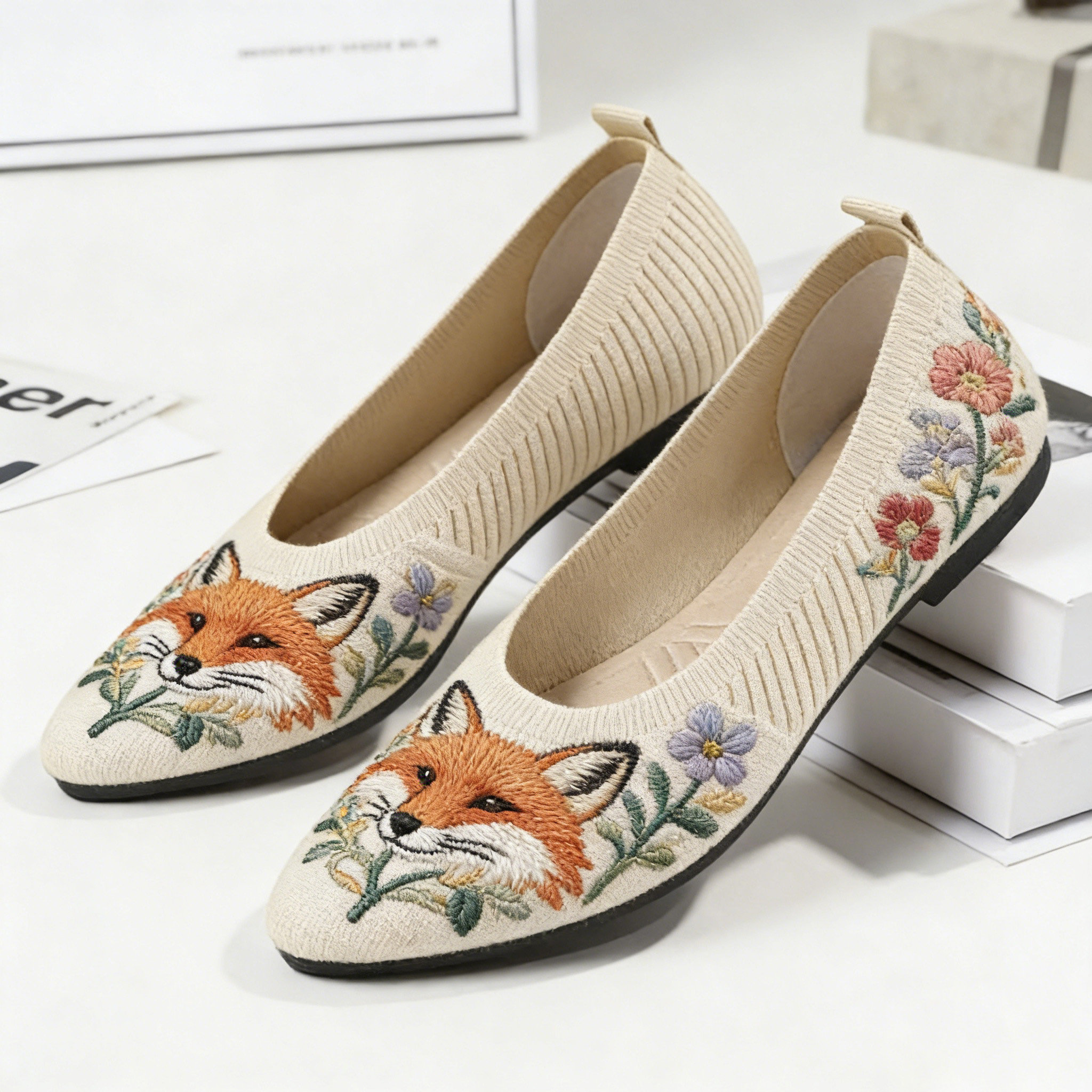 Whimsical Fox & Wildflower on Cream Pointed-Toe Orthopedic Support Shoes