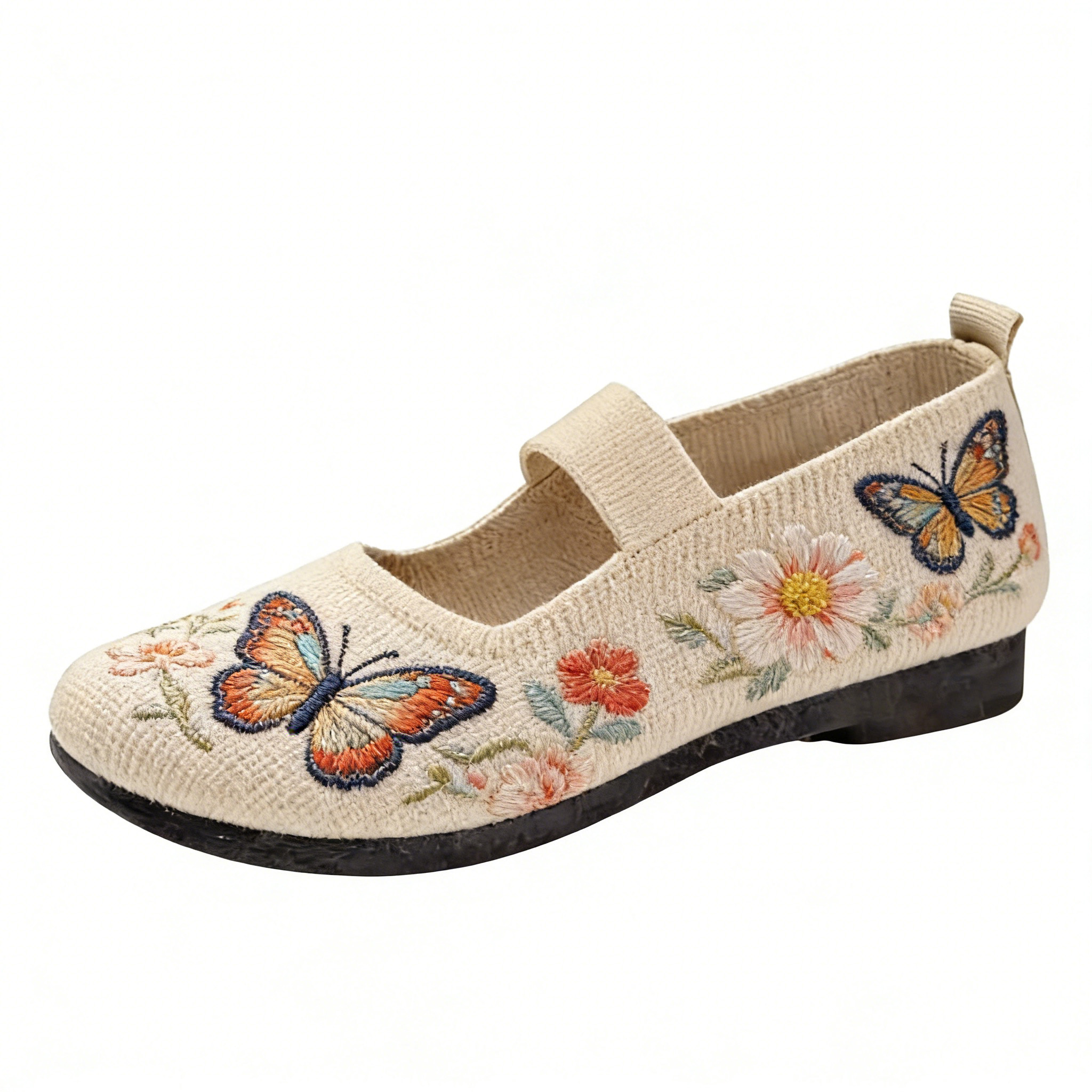 Vintage Butterfly & Wildflower on Cream Elastic Strap Orthopedic Support Shoes