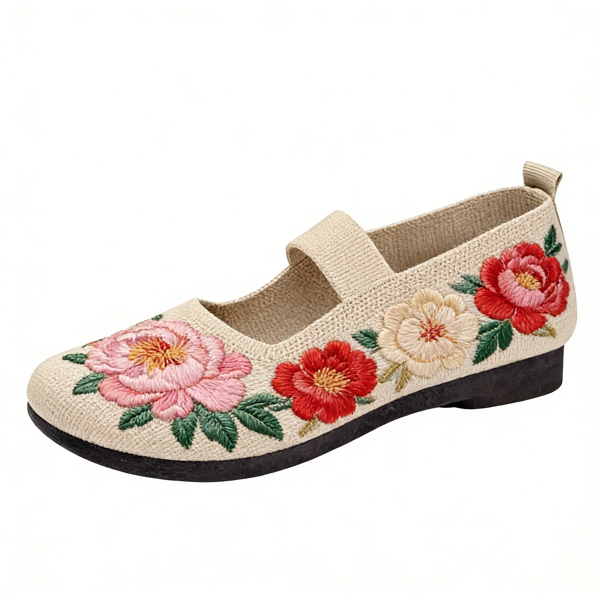 Vintage Peony Bloom on Cream Elastic Strap Orthopedic Support Shoes