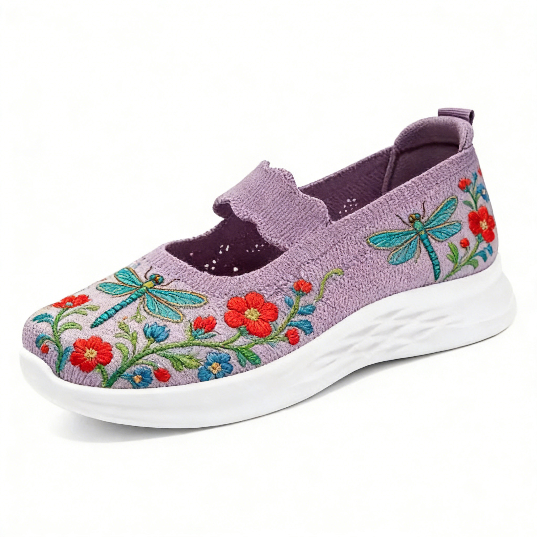 Dragonfly & Wildflower on Lavender Scalloped Strap Orthopedic Arch Support Shoes