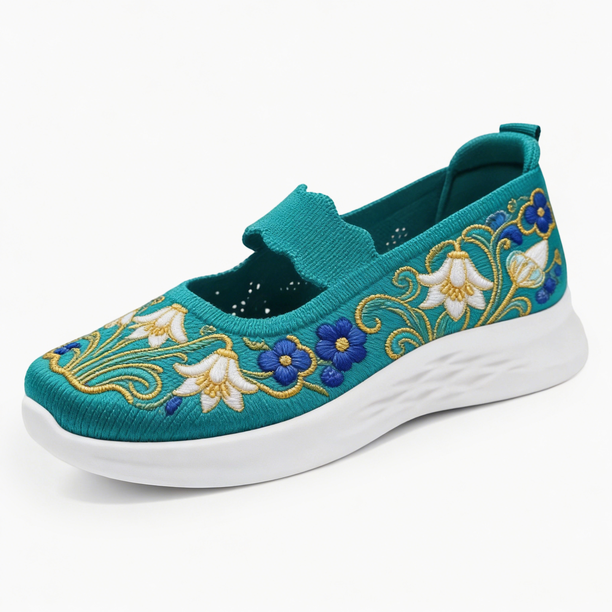 Lily of the Valley & Gold Scroll on Teal Scalloped Strap Orthopedic Arch Support Shoes