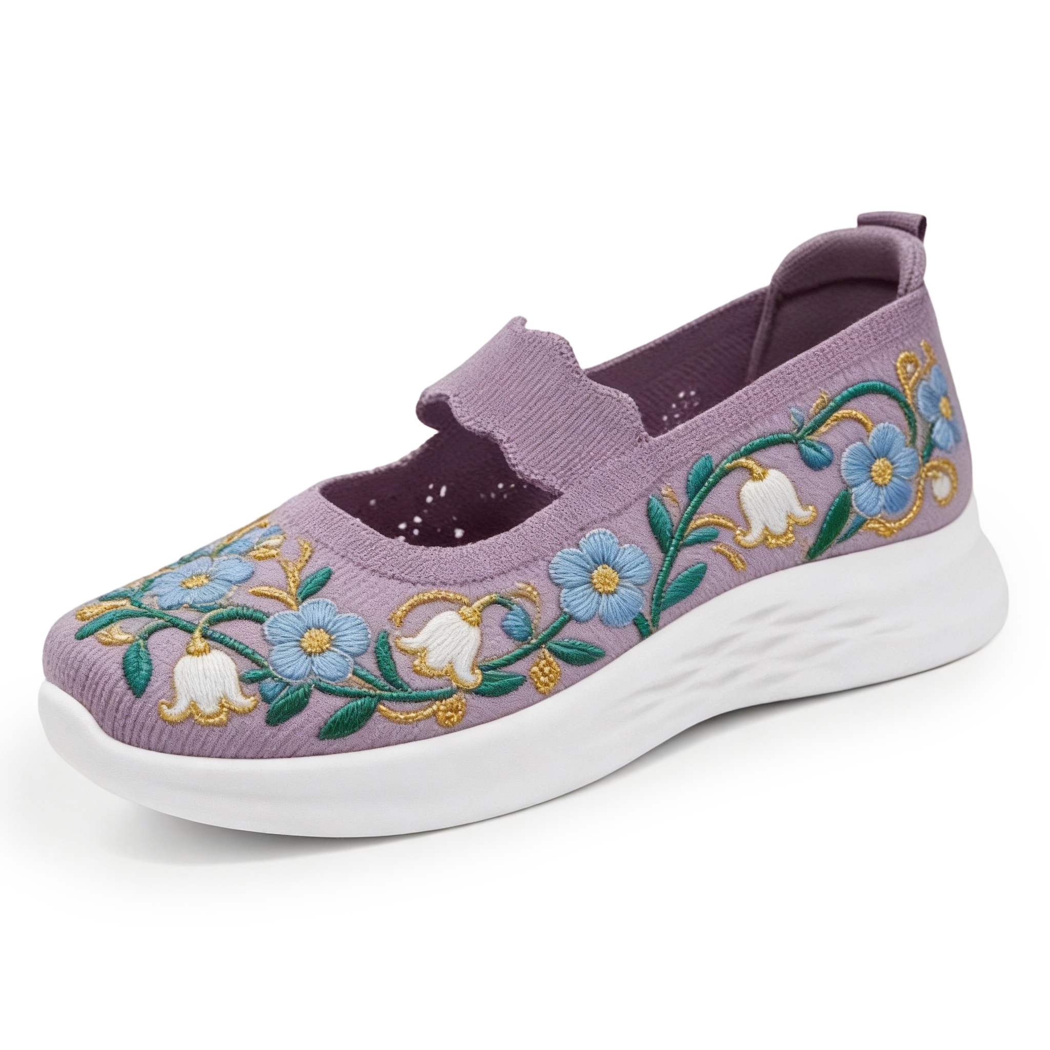 Blue Daisy & Lily of the Valley on Lavender Scalloped Strap Orthopedic Arch Support Shoes