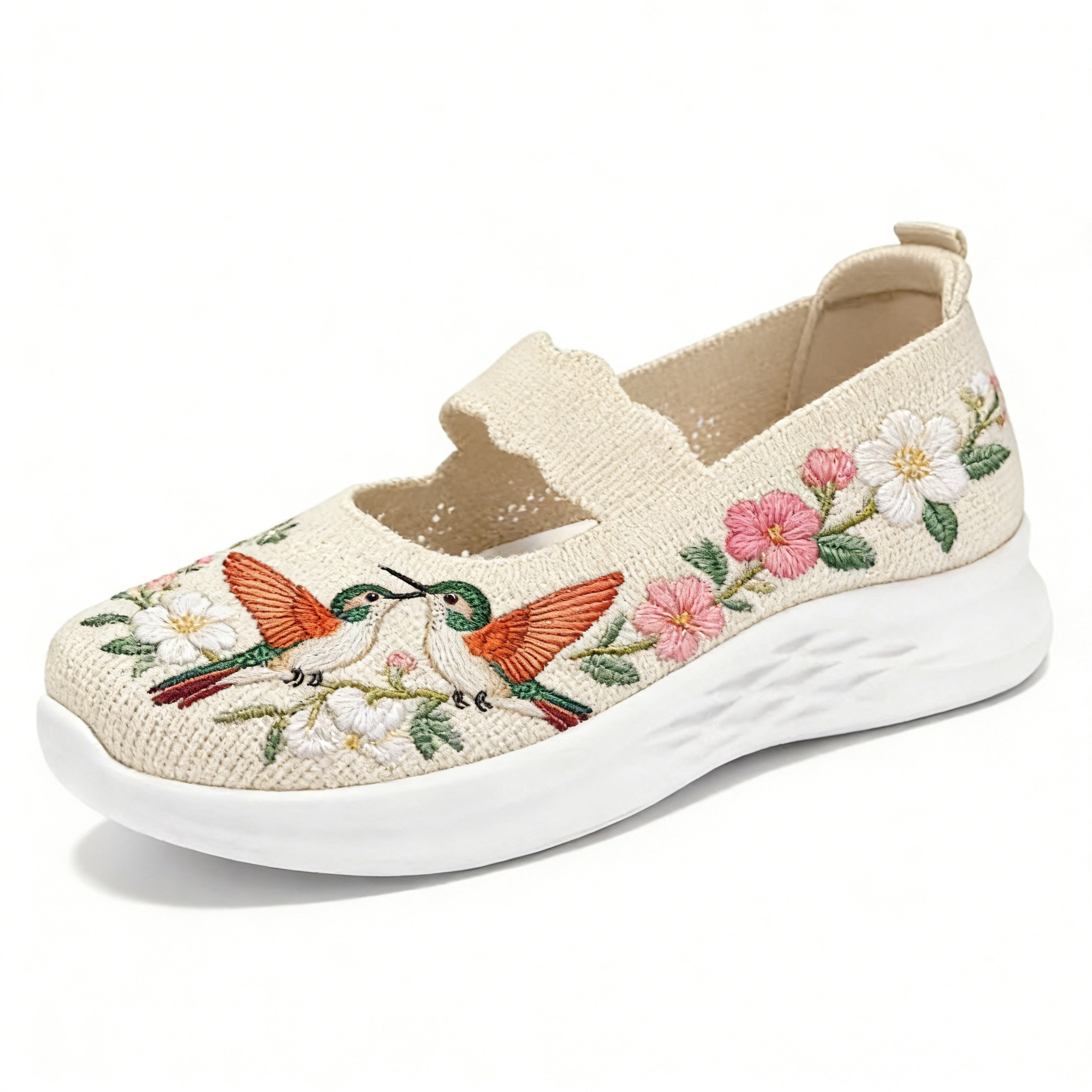 Hummingbird Love Duet on Cream Scalloped Strap Orthopedic Arch Support Shoes