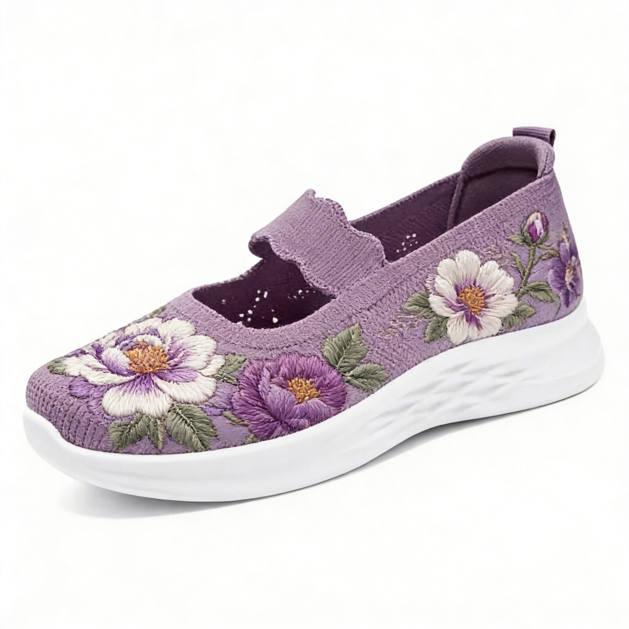 Purple Peony Bloom on Lavender Scalloped Strap Orthopedic Arch Support Shoes