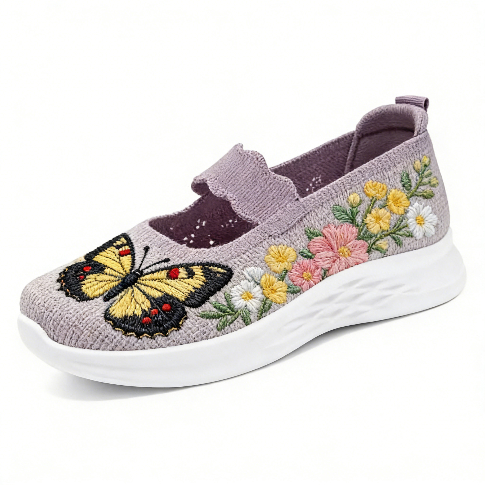 Yellow Swallowtail & Wildflower on Lavender Scalloped Strap Orthopedic Arch Support Shoes