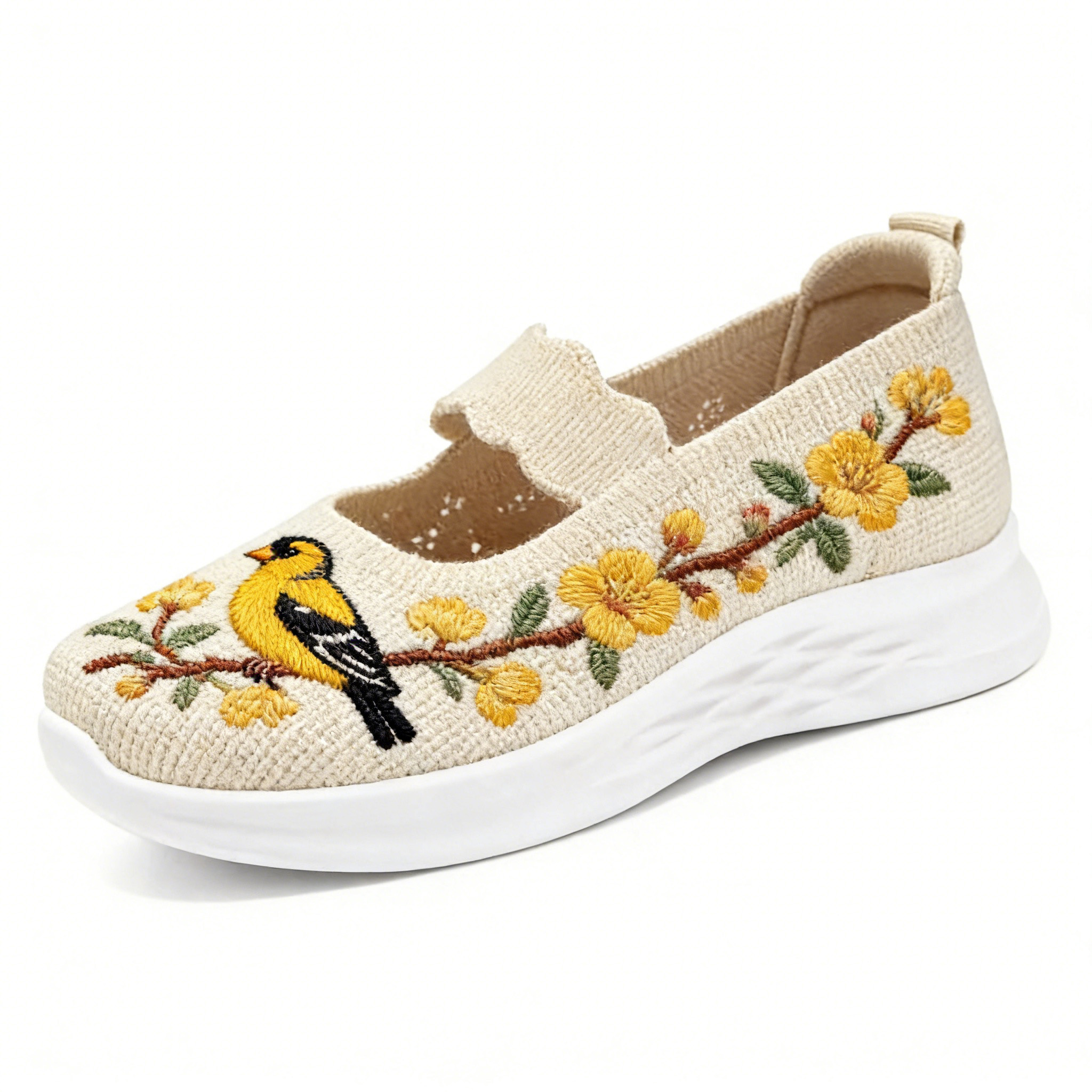 Goldfinch & Yellow Blossom Branch on Cream Scalloped Strap Orthopedic Arch Support Shoes