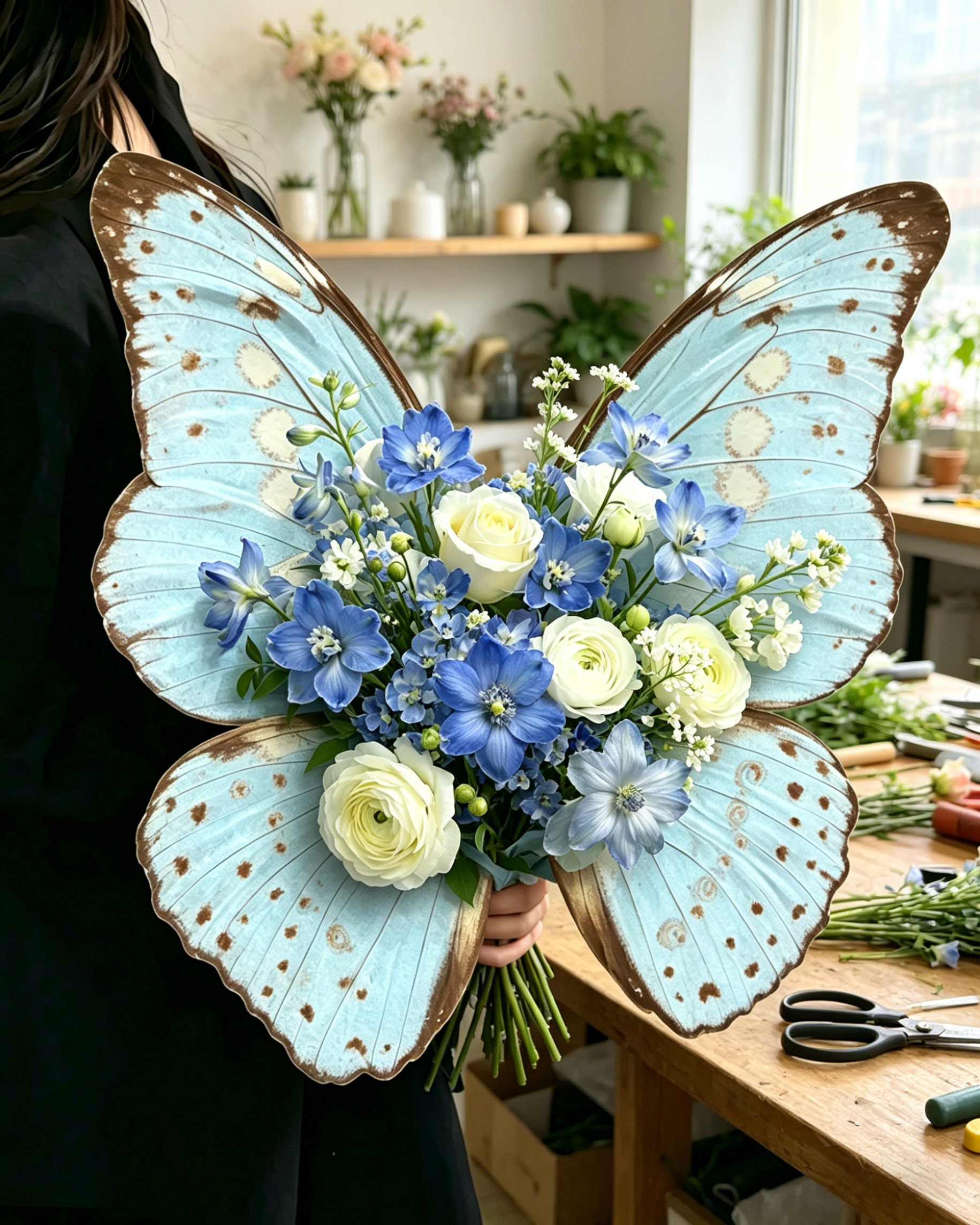 Sky Blue Vintage Morpho Butterfly Bouquet Wrap Sheets - (10pcs）