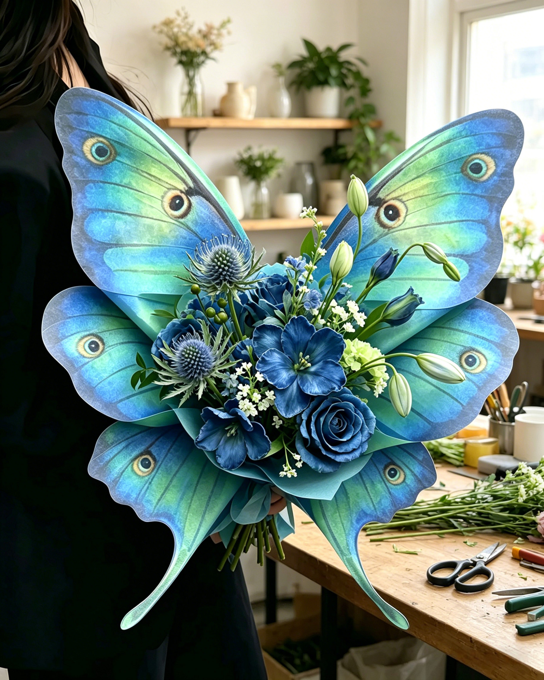 Tropical Teal Moon Eye Morpho Butterfly Bouquet Wrap Sheets - (10pcs）