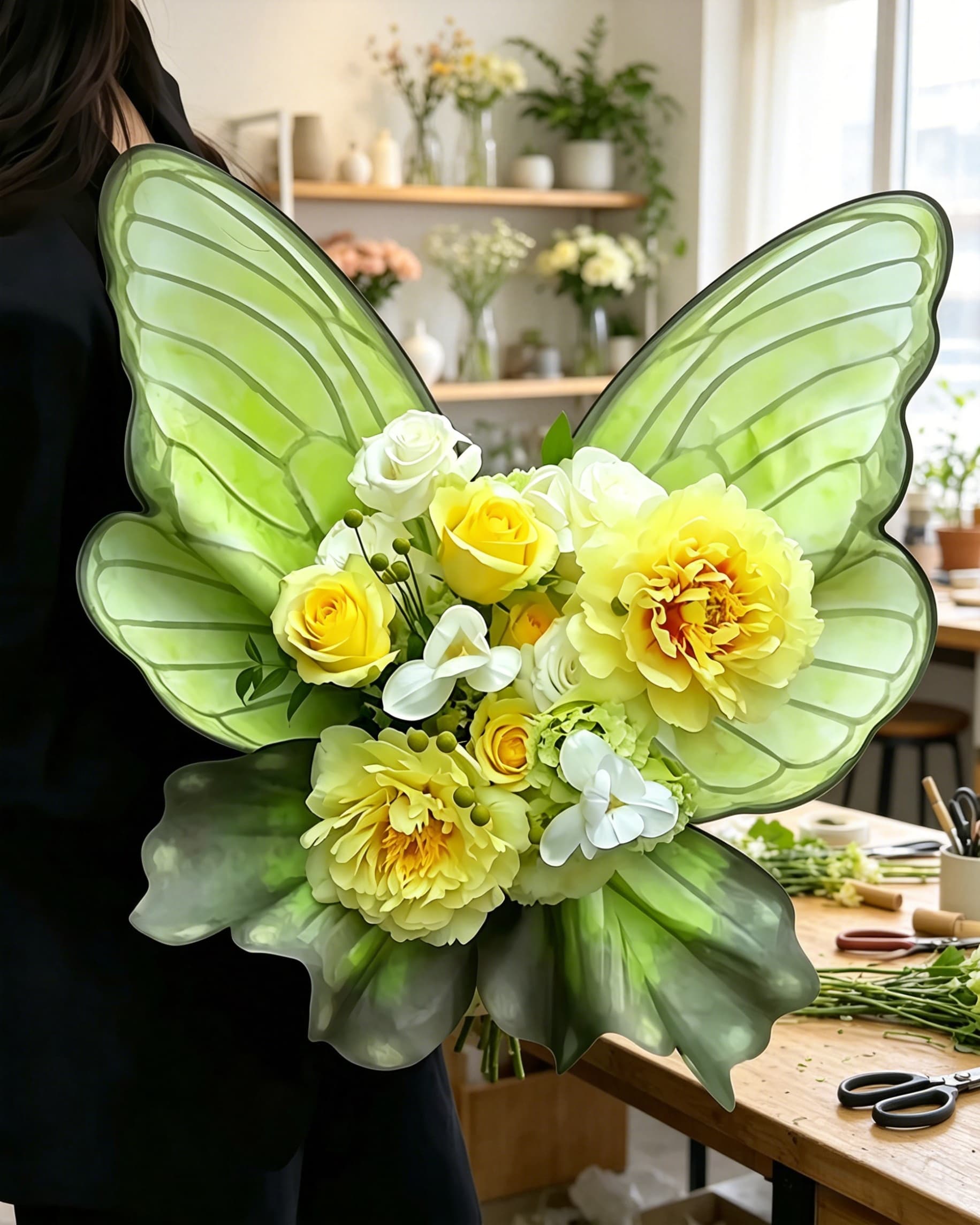 Lime Green Translucent Leaf Wing Butterfly Bouquet Wrap Sheets - (10pcs）