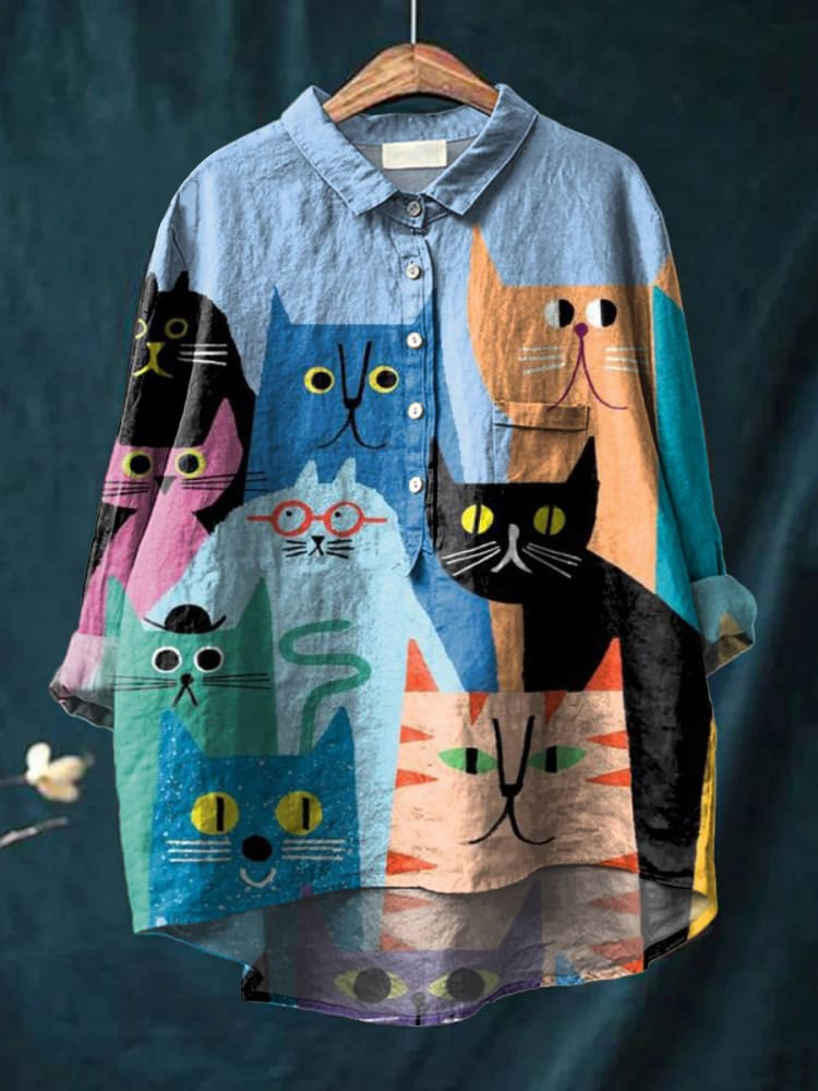 Women's Simple Colorful Flat Cat Print Casual Cotton And Linen Shirt