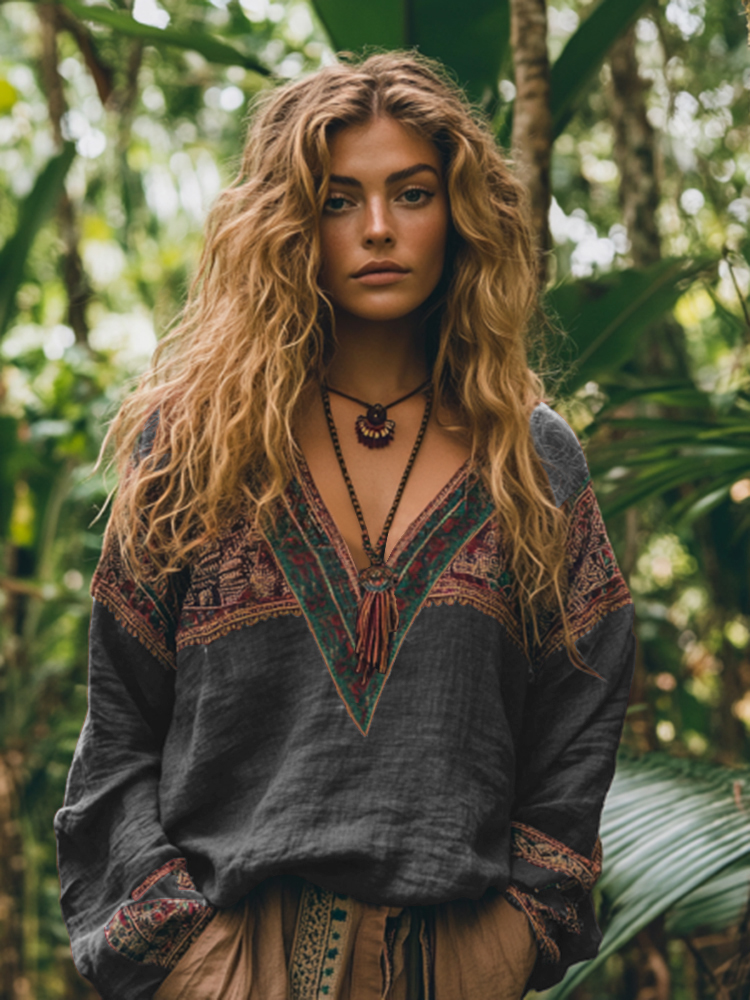 Retro Boho Tribal Embroidery Print Cotton And Linen Blend Loose Blouse