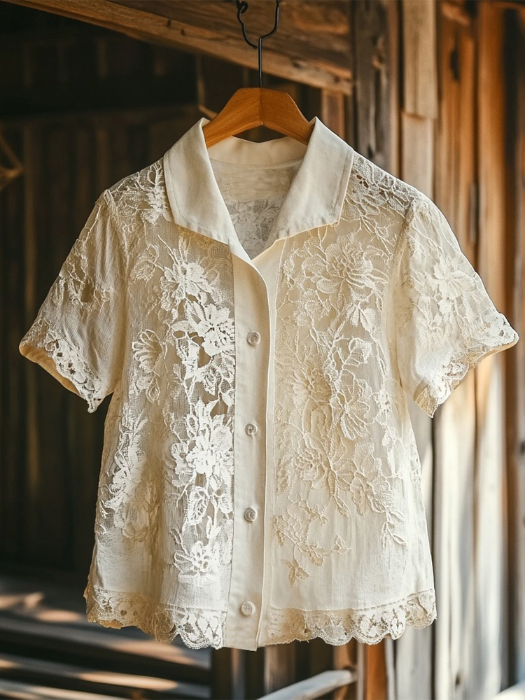 Women's Retro Floral Lace Embroidery Art Shirt