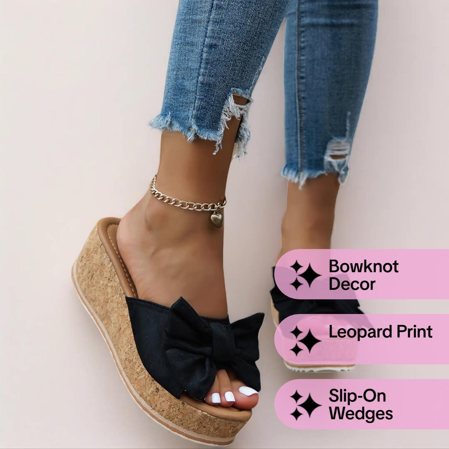 Women's Cute Bowknot Leopard Print Wedge Sandals, Elevated Sandals, Casual Fashion Slip-On Wedges, Summer Trendy Shoes for Beach Daily Wear, Fashionable Footwear Women's Cute Bowknot Leopard Print Wedge Sandals, Elevated Sandals, Casual Fashion Slip-On Wedges, Summer Trendy Shoes for Beach Daily Wear, Fashionable Footwear