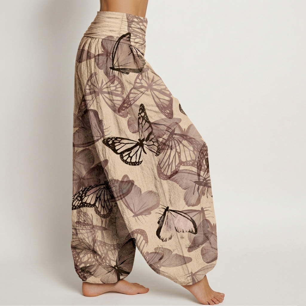 Sepia Tone Butterfly Print Loose-fitting Pants