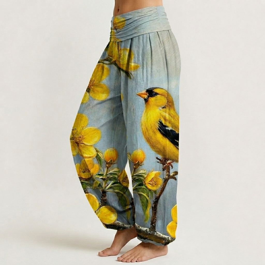 Goldfinch Yellow Floral Print Loose-fitting Pants