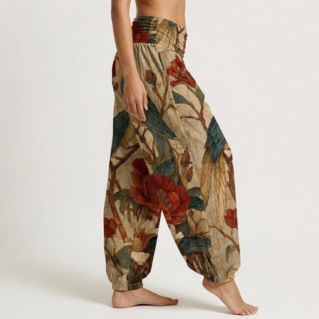 Vintage Bird & Peony Floral Print Loose-fitting Pants