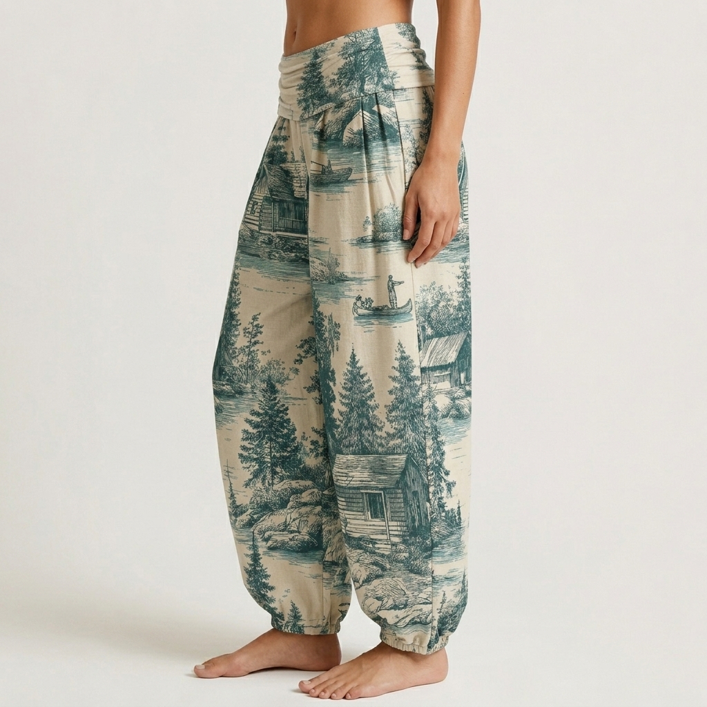 Forest Lake Cabin Landscape Print Loose-fitting Pants