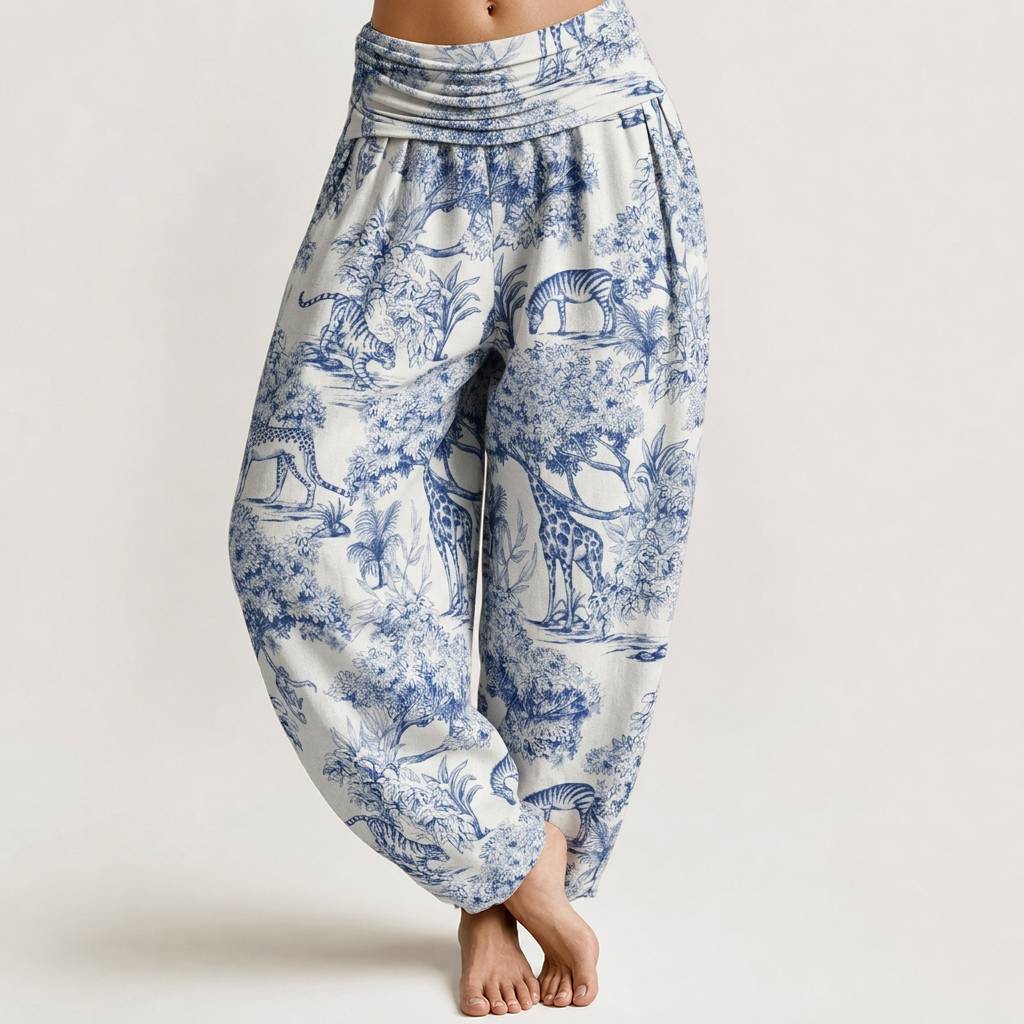 Blue Safari Jungle Animal Toile Print Loose-fitting Pants