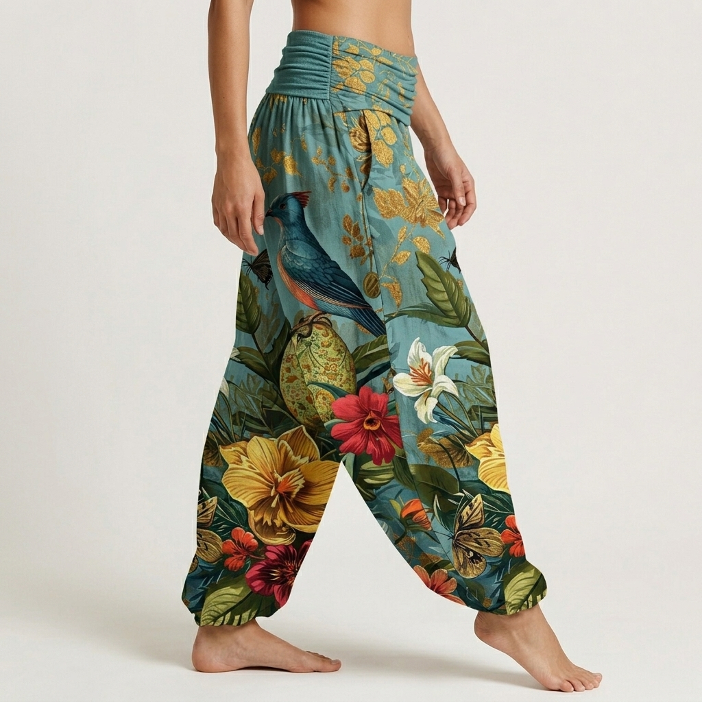 Teal Tropical Bird Golden Foliage Print Loose-fitting Pants