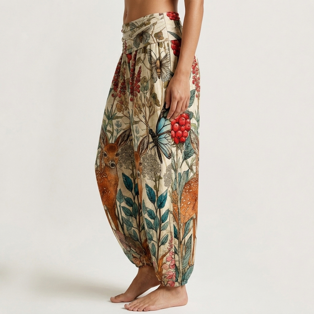 Forest Deer Berry Butterfly Botanical Print Loose-fitting Pants