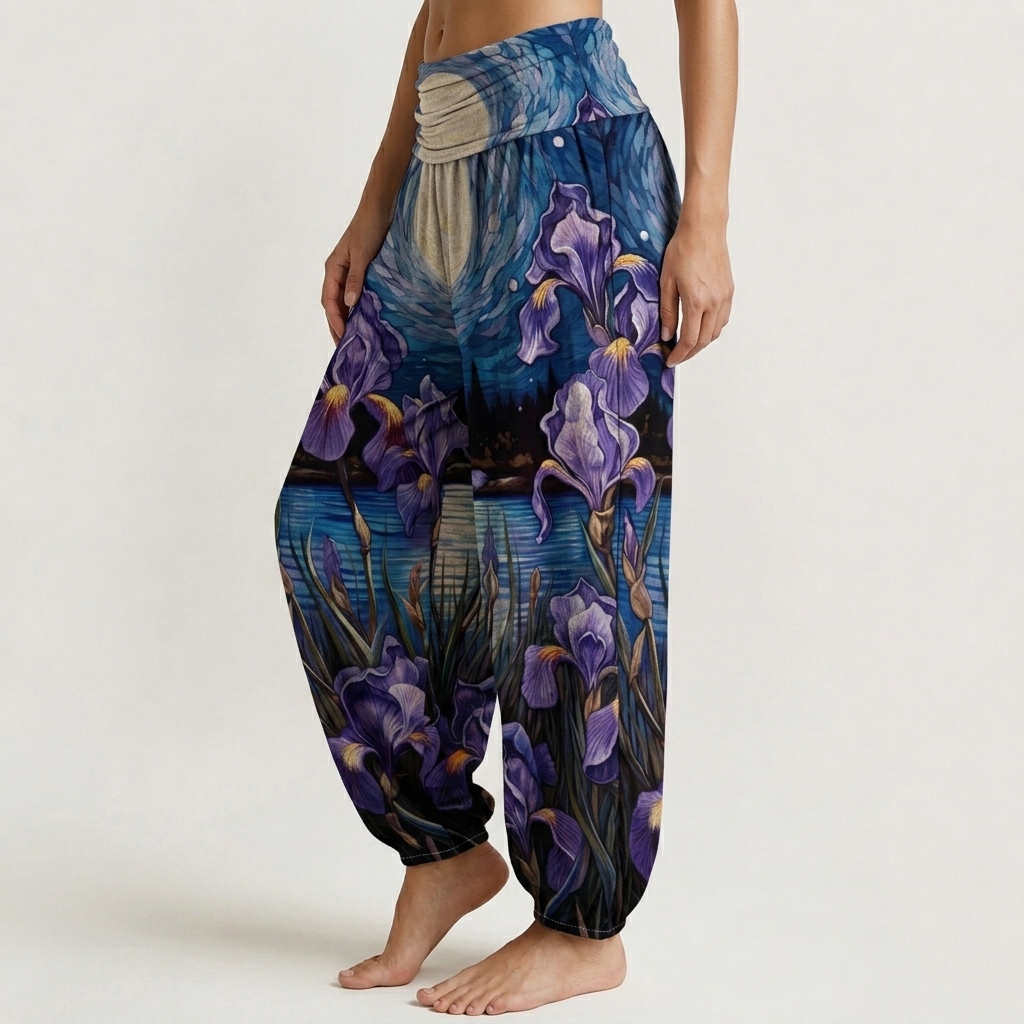 Moon Night Purple Iris Lake Oil Print Loose-fitting Pants
