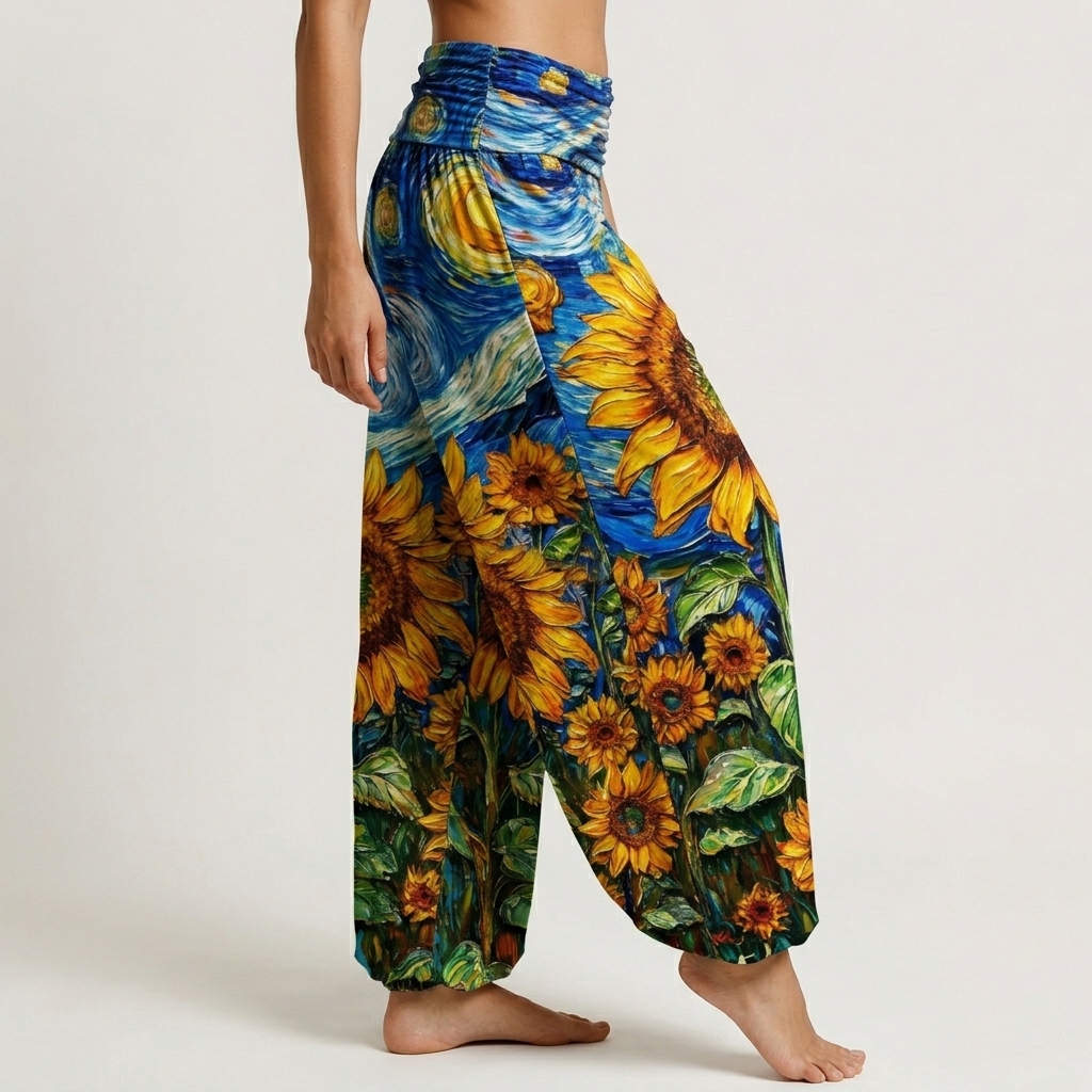 Starry Sky Sunflower Oil Painting Print Loose-fitting Pants