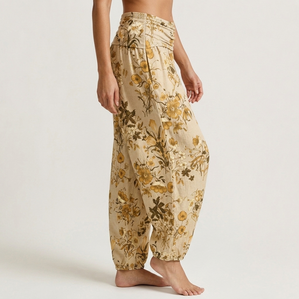 Golden Wild Botanical Floral Print Loose-fitting Pants