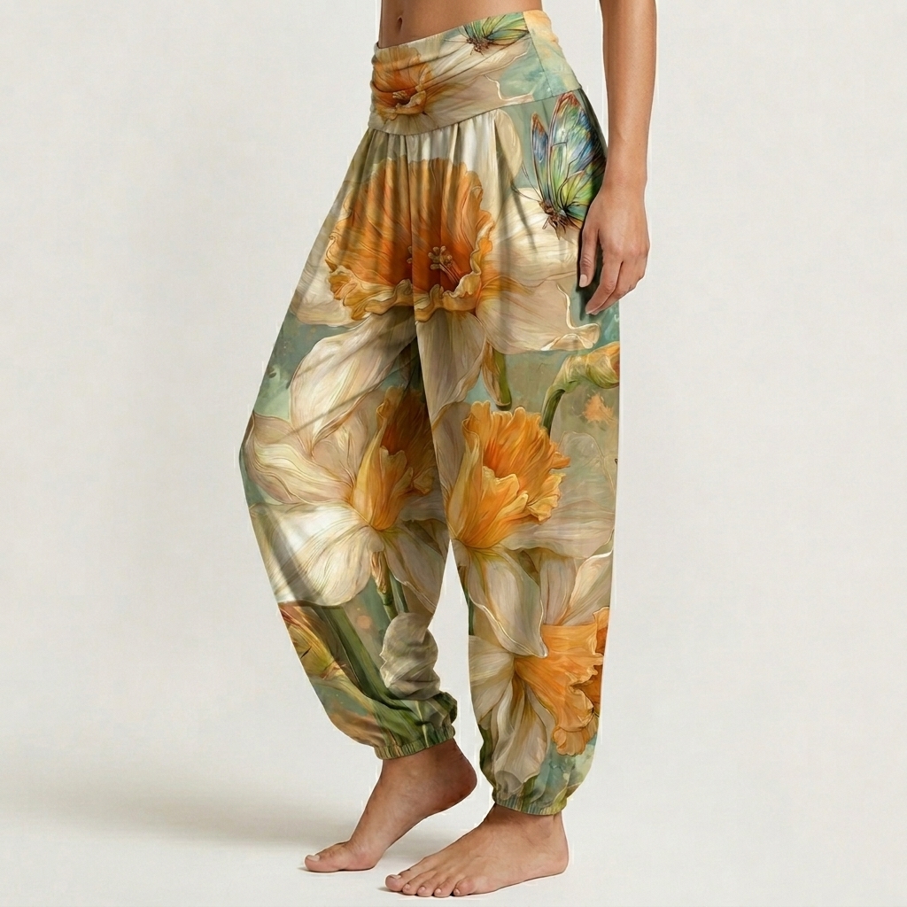 Soft Daffodil Butterfly Floral Print Loose-fitting Pants