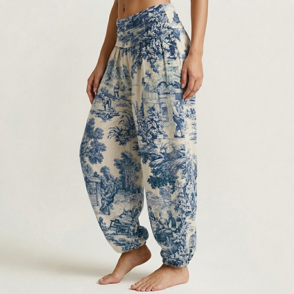 French Countryside Toile Scene Print Loose-fitting Pants