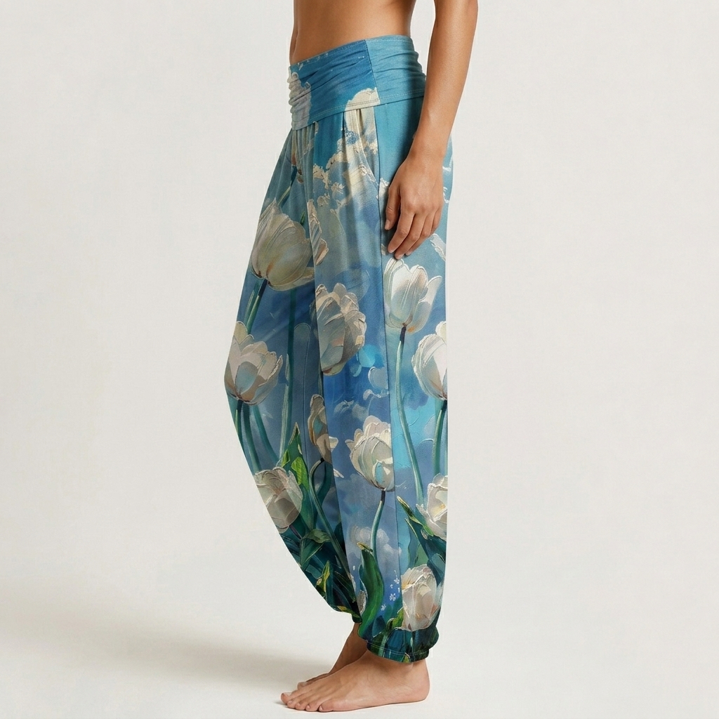 Sky Blue Oil Painting Tulip Print Loose-fitting Pants
