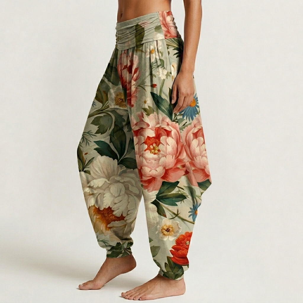 Sage Green Peony Floral Print Loose-fitting Pants