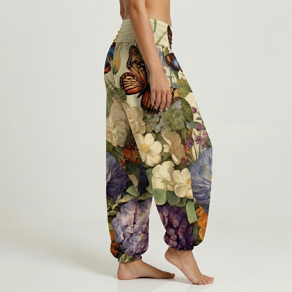 Color Butterfly Hydrangea Floral Print Loose-fitting Pants