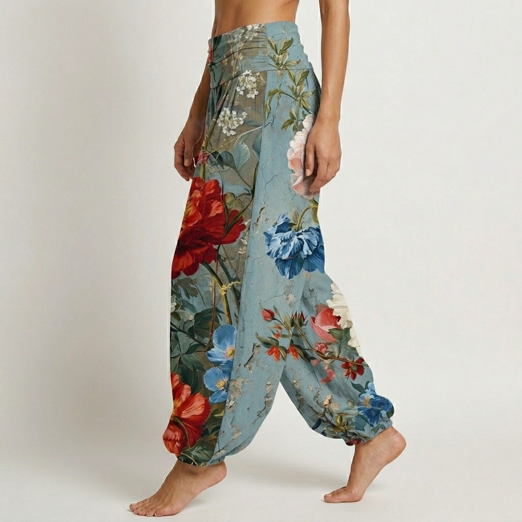 Vintage Oil Painting Peony Print Loose-fitting Pants