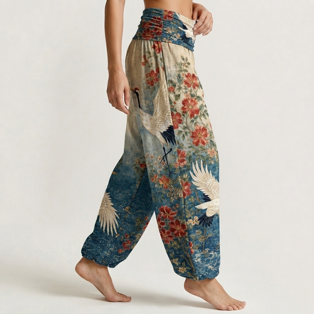 Crane Wave Floral Print Loose-fitting Pants