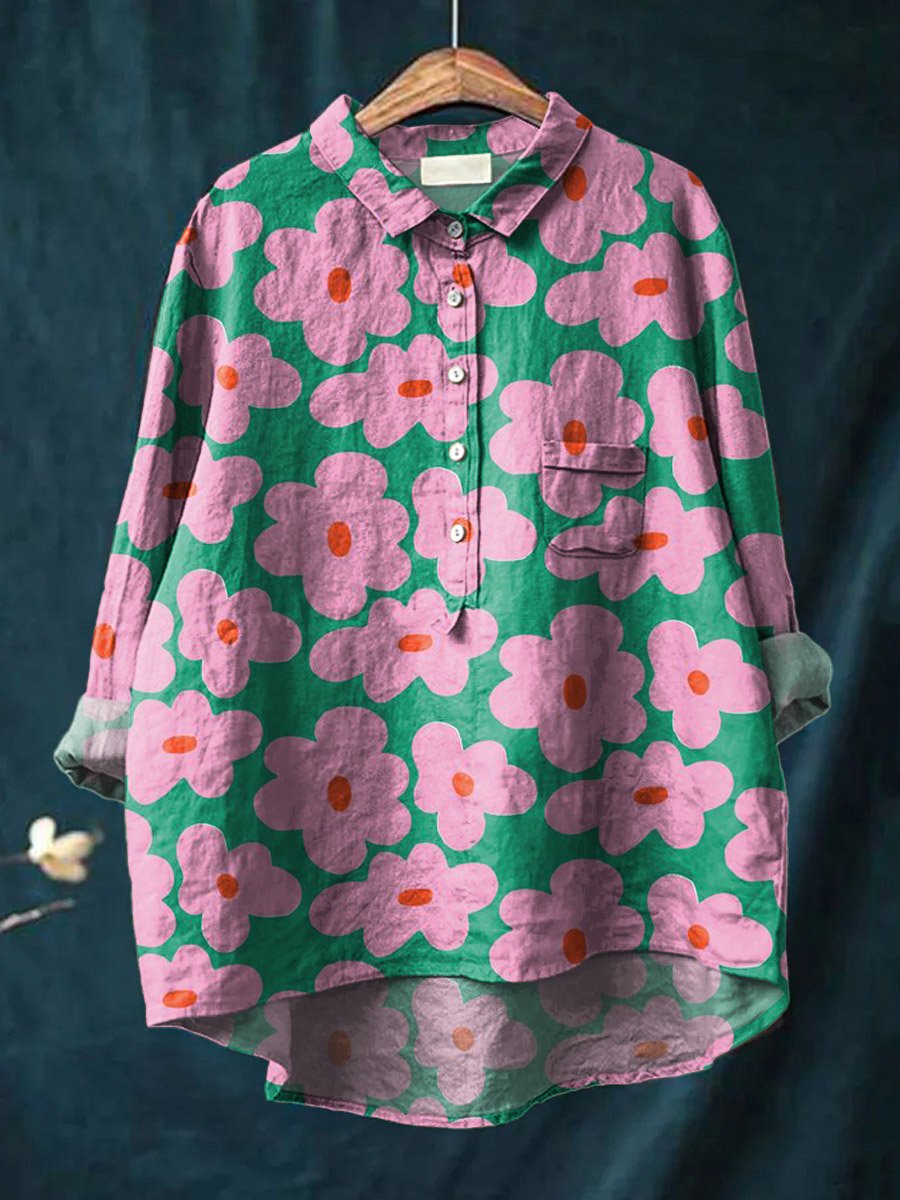 Vintage Lovely Floral Art Print Casual Cotton And Linen Shirt