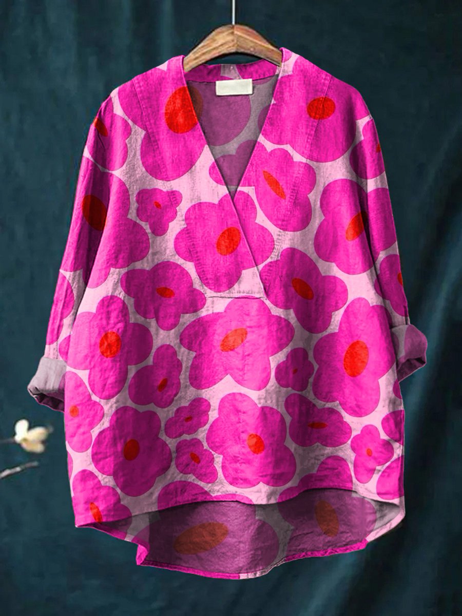 Vibrant Pink Floral Pattern Printed Women's Casual Cotton And Linen V-neck Shirt