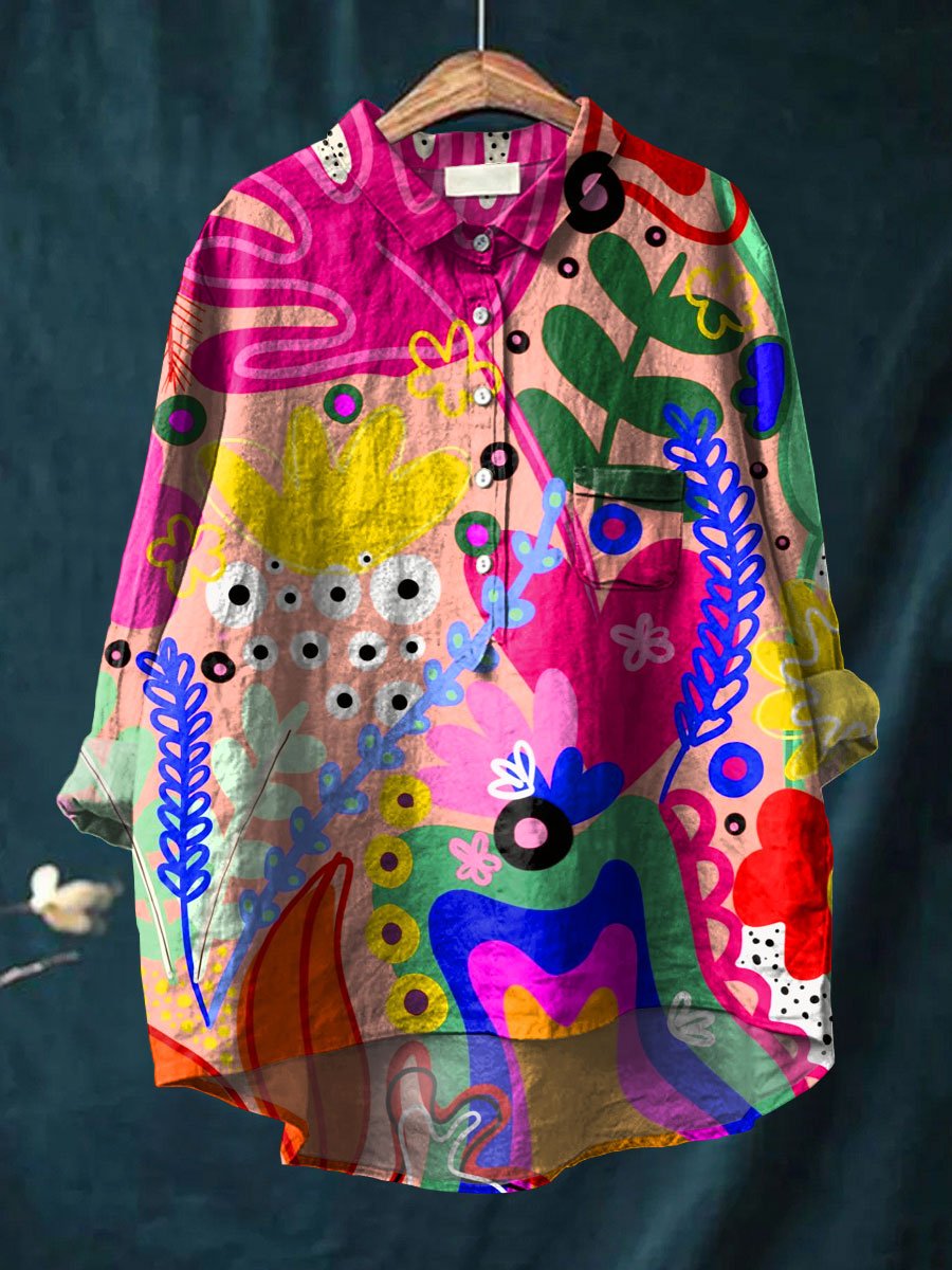 Abstrct Art Printed Women's Casual Cotton And Linen Shirt