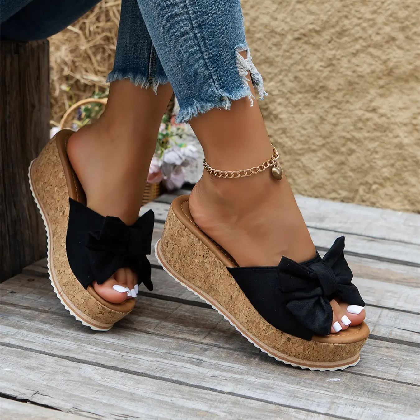 Women's Cute Bowknot Leopard Print Wedge Sandals, Elevated Sandals, Casual Fashion Slip-On Wedges, Summer Trendy Shoes for Beach Daily Wear, Fashionable Footwear