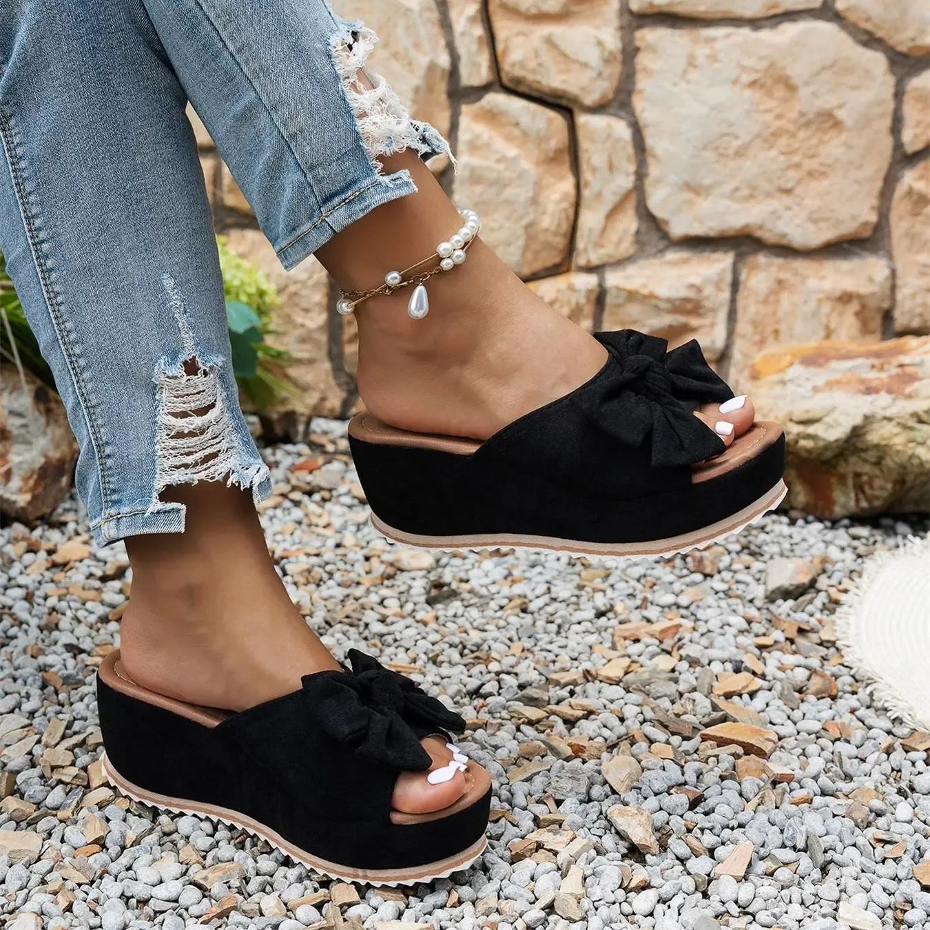 Women's Cute Bowknot Leopard Print Wedge Sandals, Elevated Sandals, Casual Fashion Slip-On Wedges, Summer Trendy Shoes for Beach Daily Wear, Fashionable Footwear